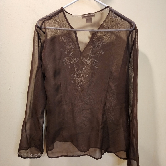CHADWICKS women's brown tunic see though embroidered material top size 16 - Picture 8 of 10